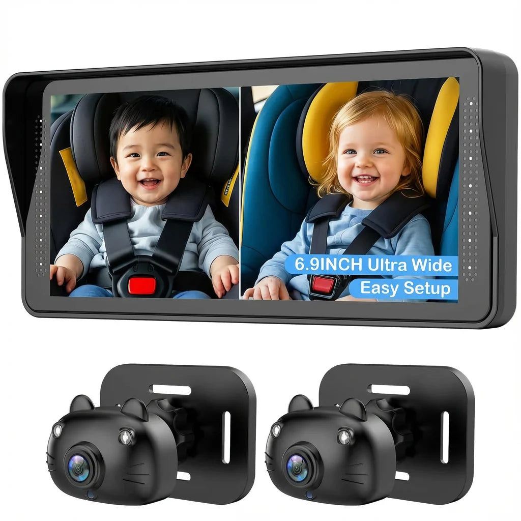 Cámara para Bebés en Auto | Doble Lente, Pantalla 7" Split Screen, 1080P AHD y Visión Nocturna