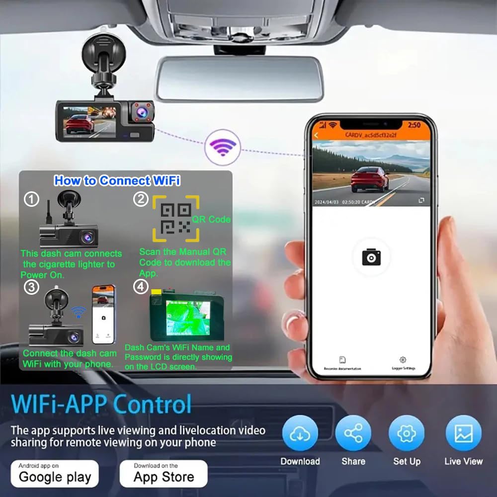 Cámara dashcam para automoviles de 3 canales WiFi 1080P , con grabación frontal e interior+ memory 32Gb