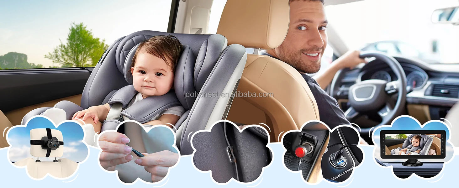 Cámara para Bebés en Auto | Doble Lente, Pantalla 7" Split Screen, 1080P AHD y Visión Nocturna