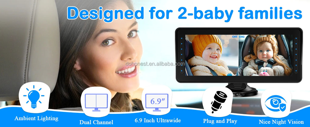 Cámara para Bebés en Auto | Doble Lente, Pantalla 7" Split Screen, 1080P AHD y Visión Nocturna