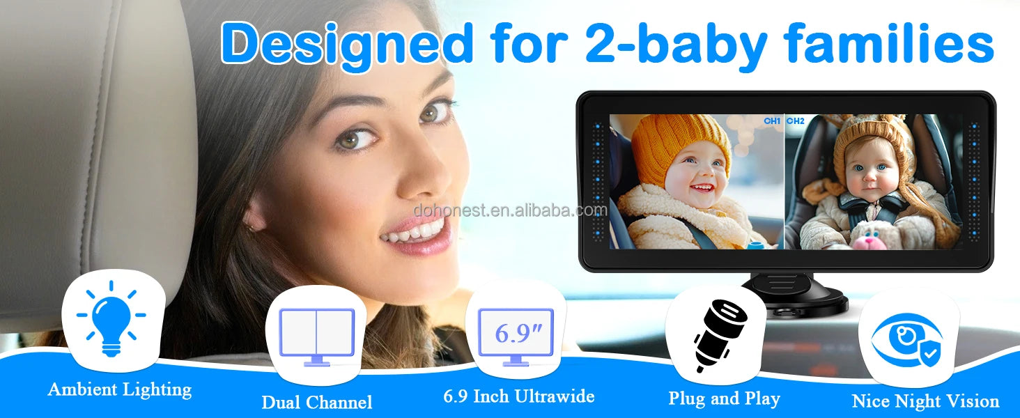 Cámara para Bebés en Auto | Doble Lente, Pantalla 7" Split Screen, 1080P AHD y Visión Nocturna
