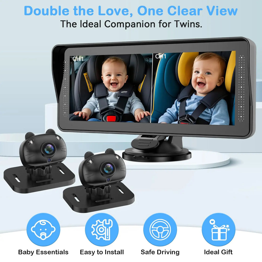 Cámara para Bebés en Auto | Doble Lente, Pantalla 7" Split Screen, 1080P AHD y Visión Nocturna