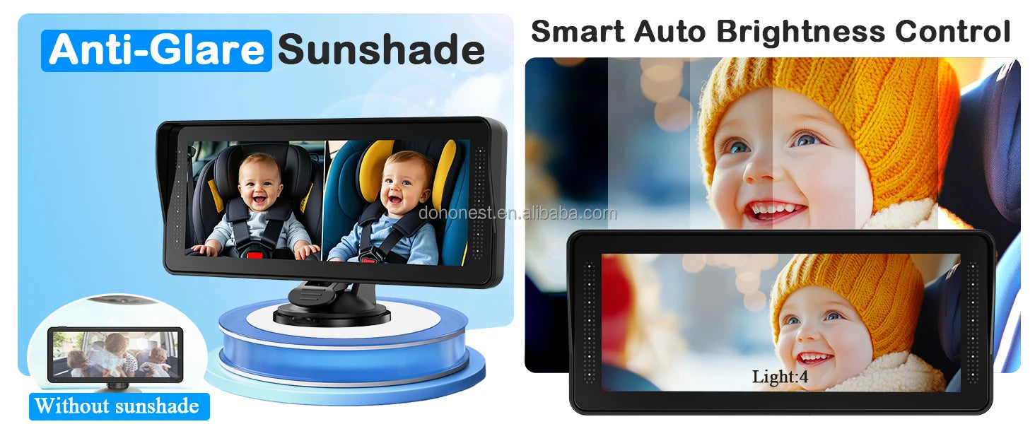 Cámara para Bebés en Auto | Doble Lente, Pantalla 7" Split Screen, 1080P AHD y Visión Nocturna