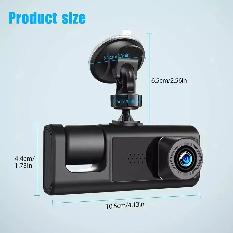 Dashcam WiFi Triple Lente 1080P | Pantalla 3.4" IPS, Visión Nocturna y Modo Estacionamiento