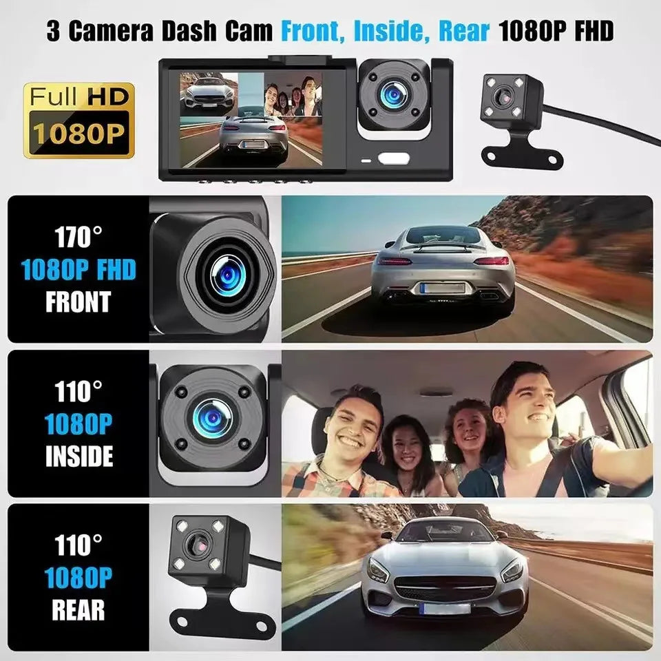 Dashcam WiFi Triple Lente 1080P | Pantalla 3.4" IPS, Visión Nocturna y Modo Estacionamiento
