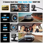 Dashcam WiFi Triple Lente 1080P | Pantalla 3.4" IPS, Visión Nocturna y Modo Estacionamiento