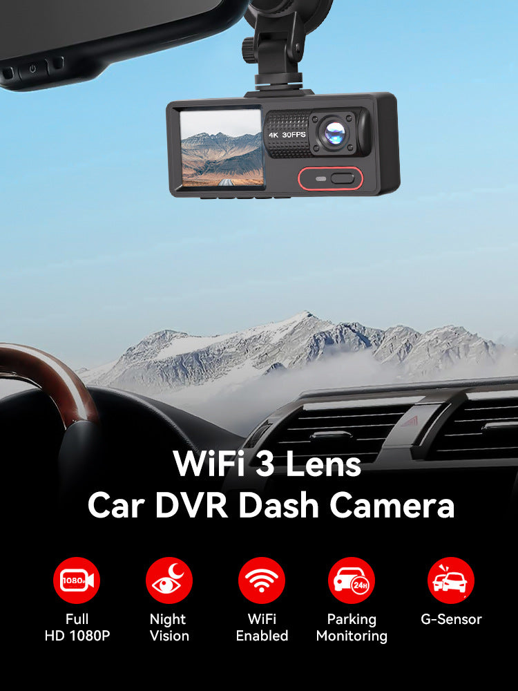 Grabadora de Conducción Triple Lente HD 1080P con WiFi y Visión Nocturna