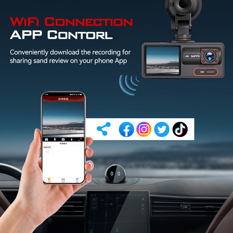 Grabadora de Conducción Triple Lente HD 1080P con WiFi y Visión Nocturna