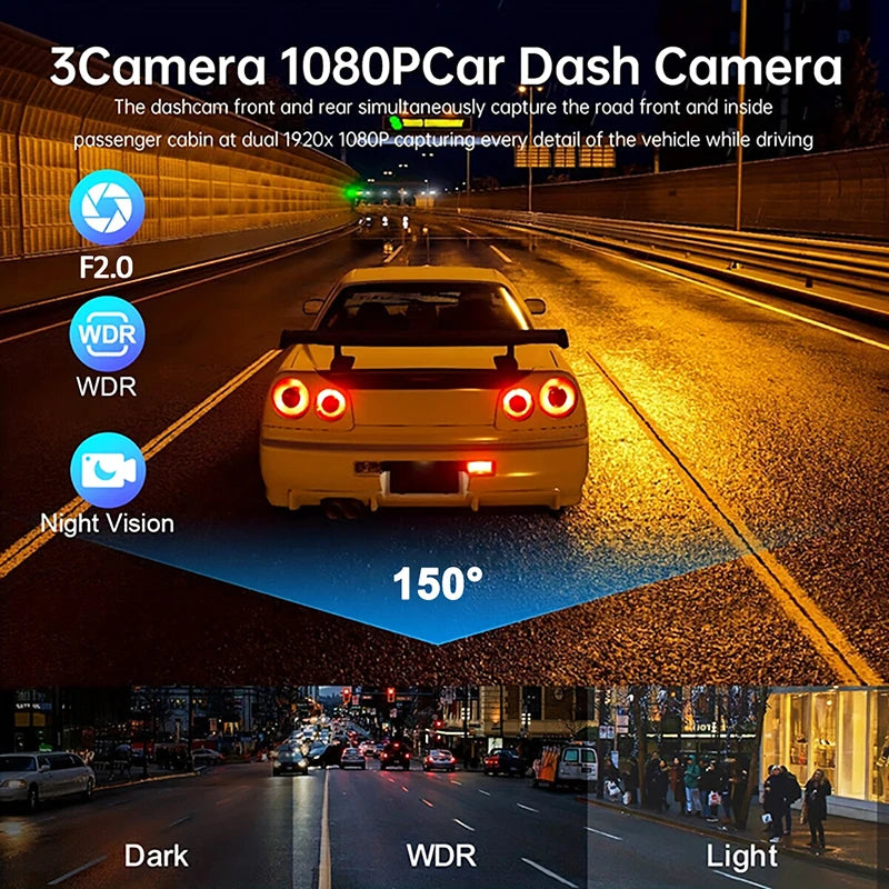 Cámara de salpicadero para coches, aplicación WIFI, DVR para coche, cámara frontal de 2/3 lentes, grabadora de vídeo, cámara de visión trasera para vehículo, caja negra, accesorios para coche
