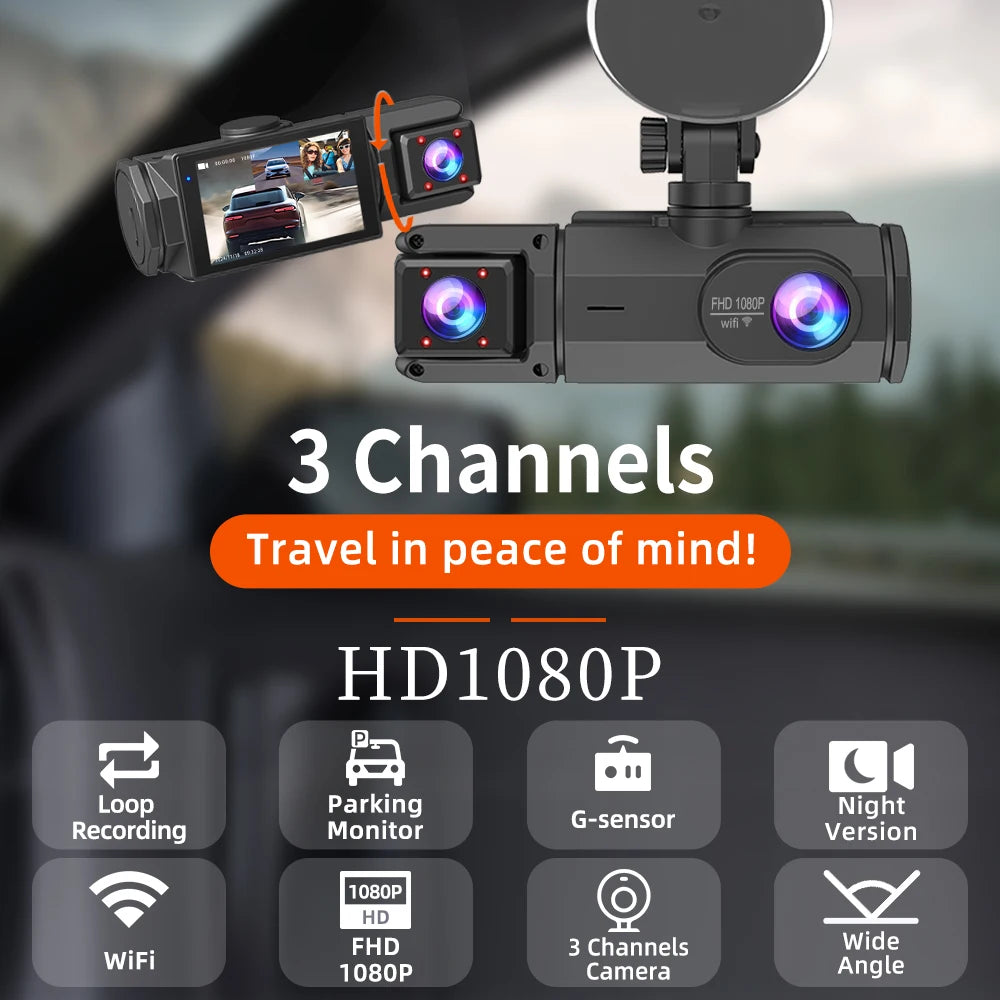 Cámara para Coche con Tarjeta de 32G, 3 Canales, FHD1080P, DVR para Coche, Visión Nocturna, Grabación en Bucle, Sensor G, Grabador de Conducción, Caja Negra