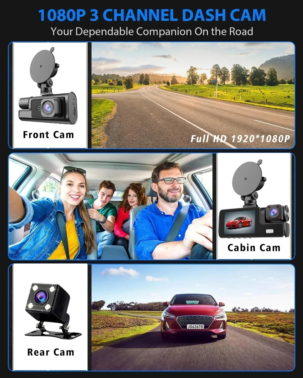 Cámara para coche con 3 canales WIFI, DVR 1080P para la parte delantera y el interior del coche, caja negra, monitor de estacionamiento 24H, accesorios para coche