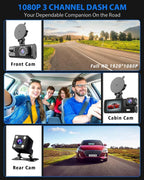 Cámara para coche con 3 canales WIFI, DVR 1080P para la parte delantera y el interior del coche, caja negra, monitor de estacionamiento 24H, accesorios para coche
