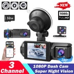 Cámara para Coche con Tarjeta de 32G, 3 Canales, FHD1080P, DVR para Coche, Visión Nocturna, Grabación en Bucle, Sensor G, Grabador de Conducción, Caja Negra