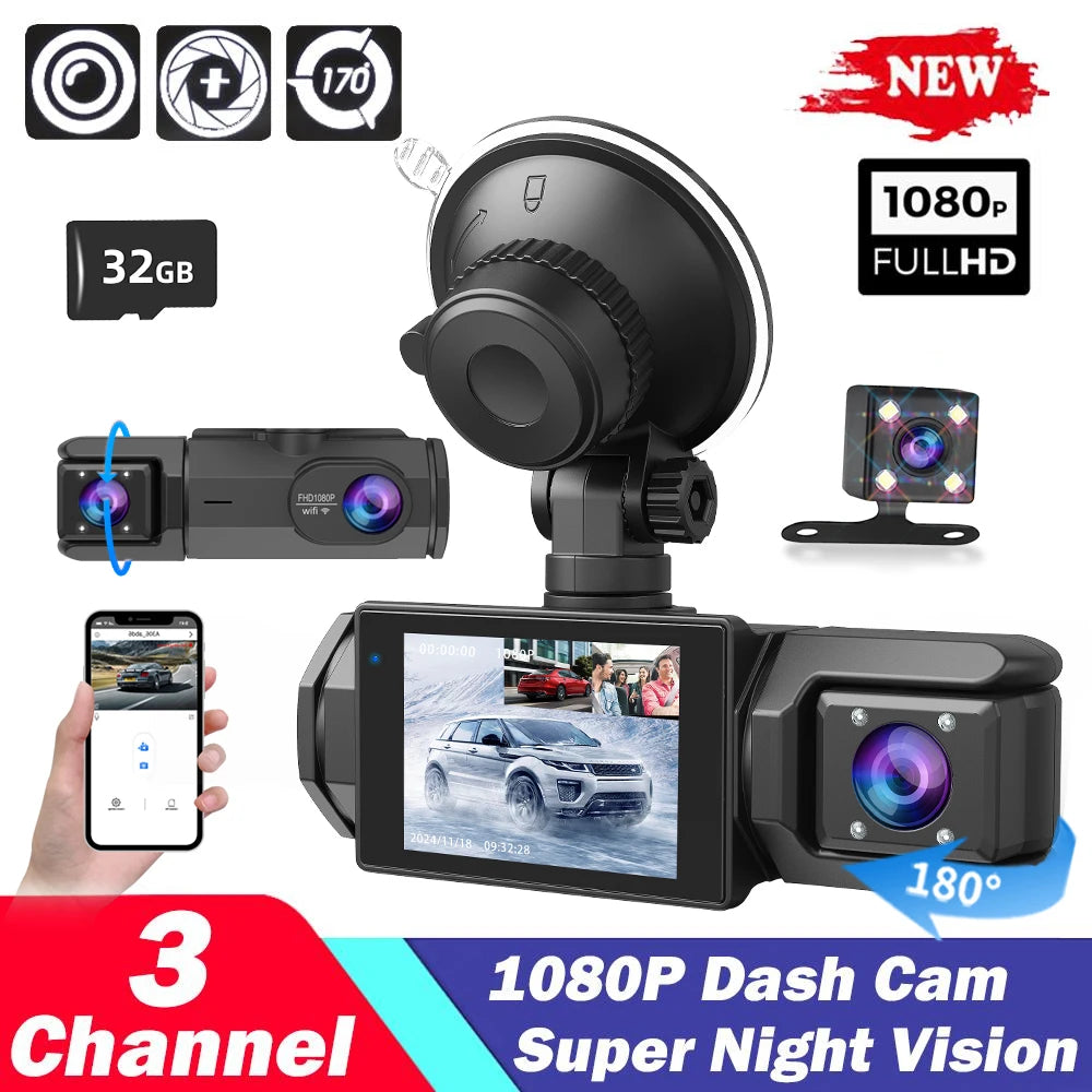Cámara para Coche con Tarjeta de 32G, 3 Canales, FHD1080P, DVR para Coche, Visión Nocturna, Grabación en Bucle, Sensor G, Grabador de Conducción, Caja Negra