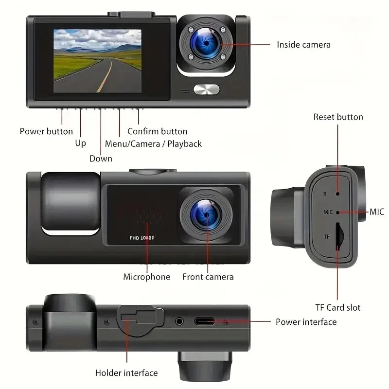 Dashcam 1080P con 2 o 3 Cámaras | Visión Nocturna, G-Sensor y Monitor de Estacionamiento