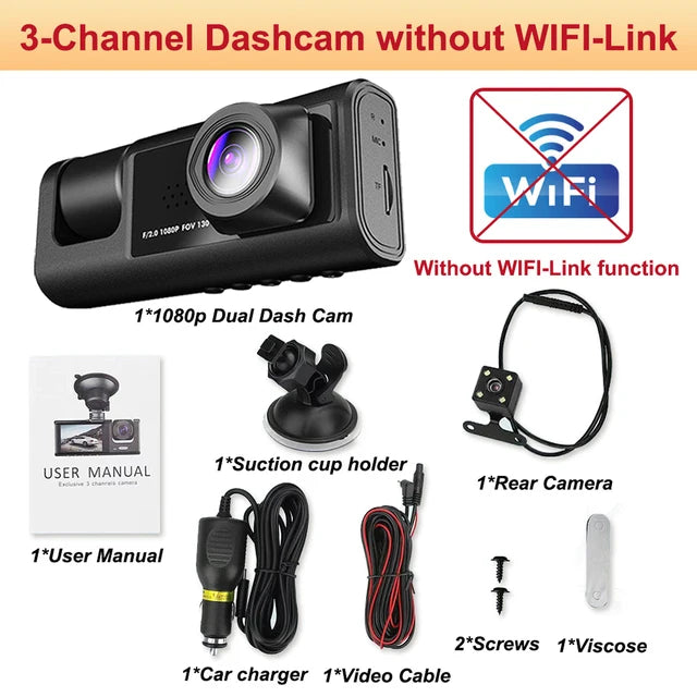 Cámara de salpicadero para coches, aplicación WIFI, DVR para coche, cámara frontal de 2/3 lentes, grabadora de vídeo, cámara de visión trasera para vehículo, caja negra, accesorios para coche