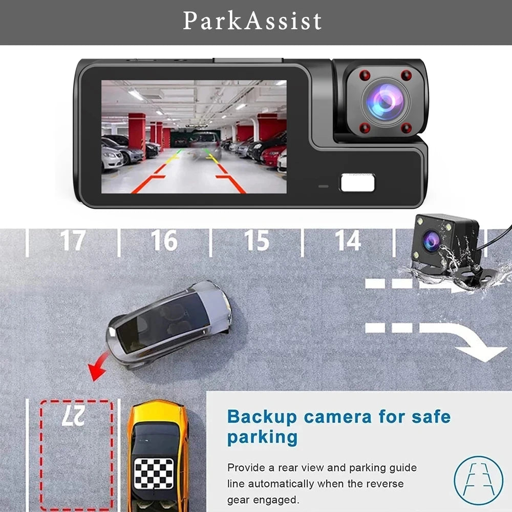 Cámara para coche con 3 canales WIFI, DVR 1080P para la parte delantera y el interior del coche, caja negra, monitor de estacionamiento 24H, accesorios para coche