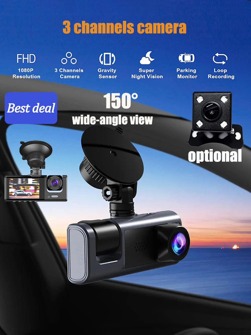 Dashcam 1080P con 2 o 3 Cámaras | Visión Nocturna, G-Sensor y Monitor de Estacionamiento
