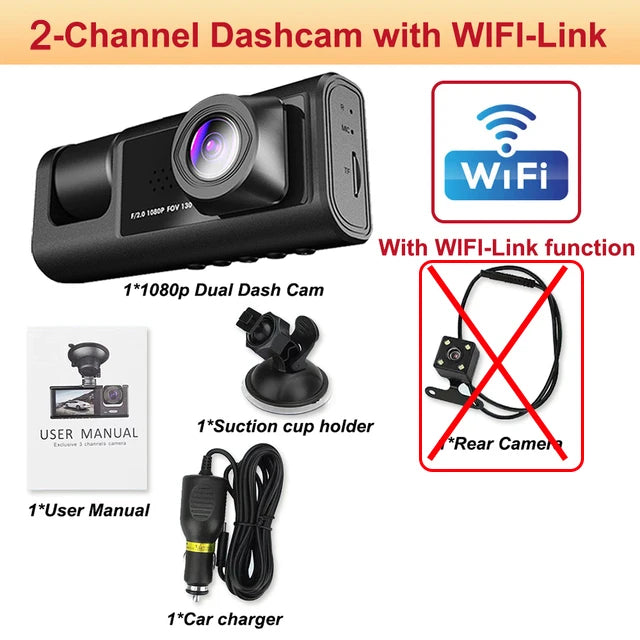 Cámara de salpicadero para coches, aplicación WIFI, DVR para coche, cámara frontal de 2/3 lentes, grabadora de vídeo, cámara de visión trasera para vehículo, caja negra, accesorios para coche