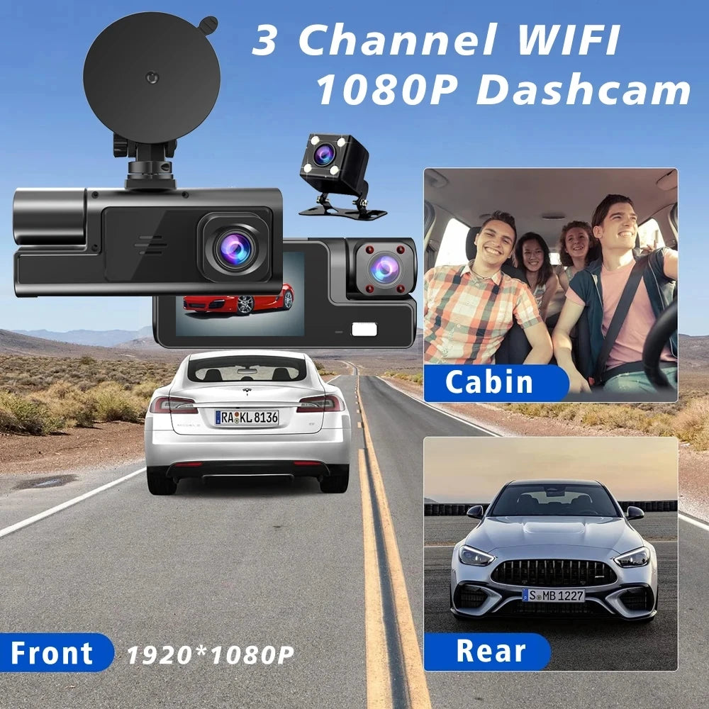 Cámara para coche con 3 canales WIFI, DVR 1080P para la parte delantera y el interior del coche, caja negra, monitor de estacionamiento 24H, accesorios para coche