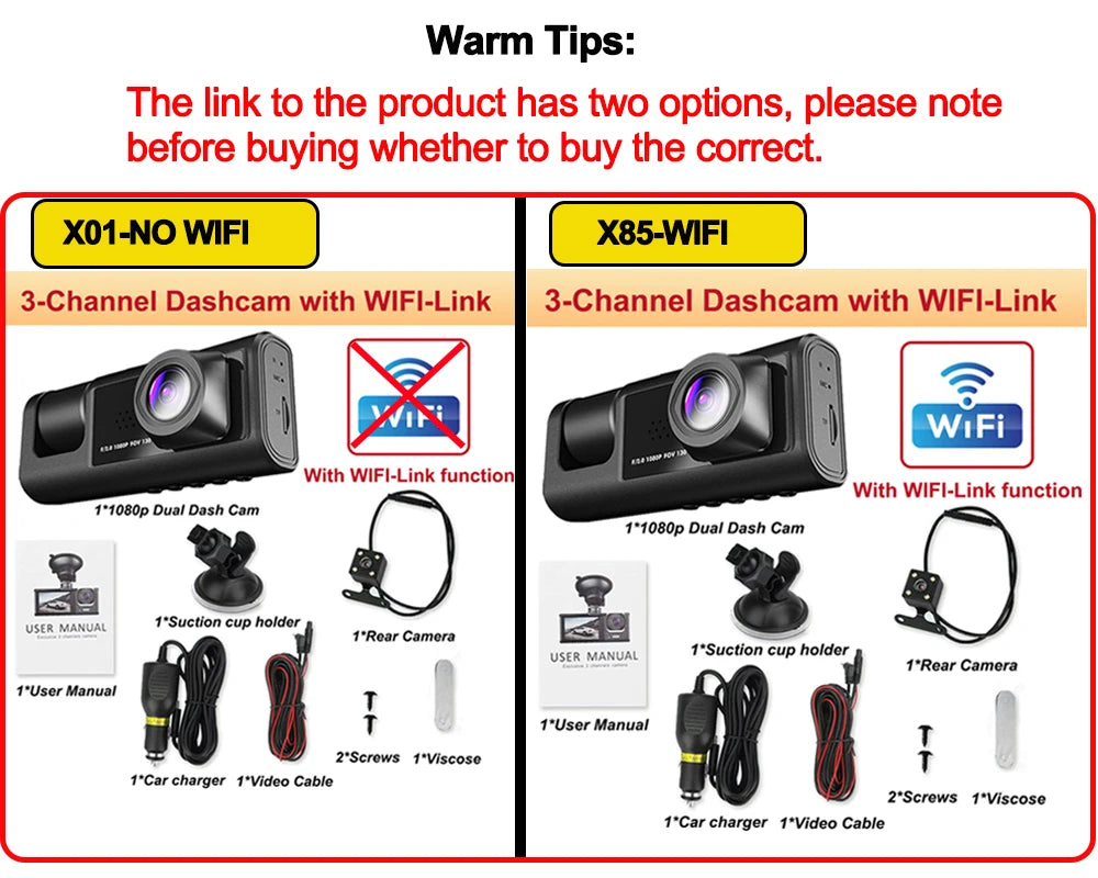 Cámara de salpicadero para coches, aplicación WIFI, DVR para coche, cámara frontal de 2/3 lentes, grabadora de vídeo, cámara de visión trasera para vehículo, caja negra, accesorios para coche