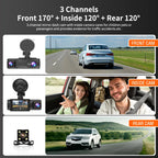 Cámara para Coche con Tarjeta de 32G, 3 Canales, FHD1080P, DVR para Coche, Visión Nocturna, Grabación en Bucle, Sensor G, Grabador de Conducción, Caja Negra