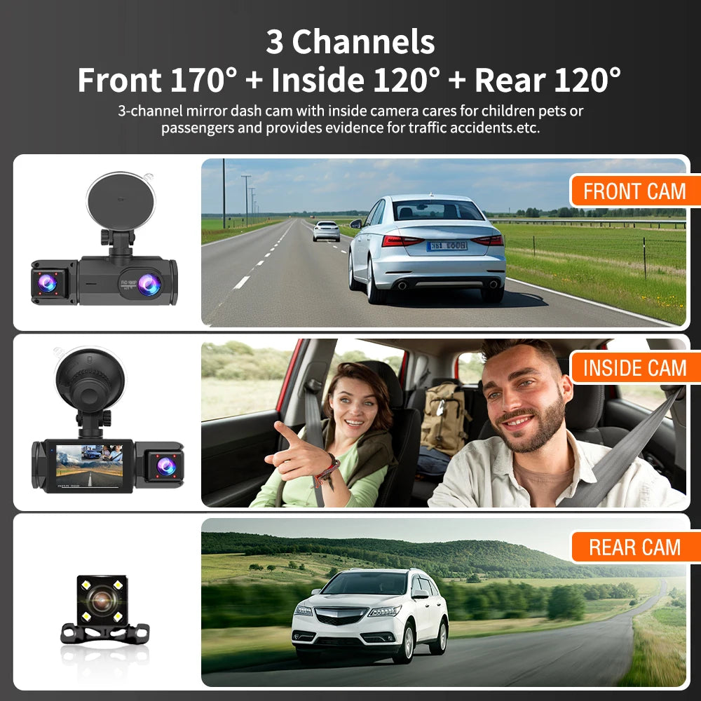 Cámara para Coche con Tarjeta de 32G, 3 Canales, FHD1080P, DVR para Coche, Visión Nocturna, Grabación en Bucle, Sensor G, Grabador de Conducción, Caja Negra