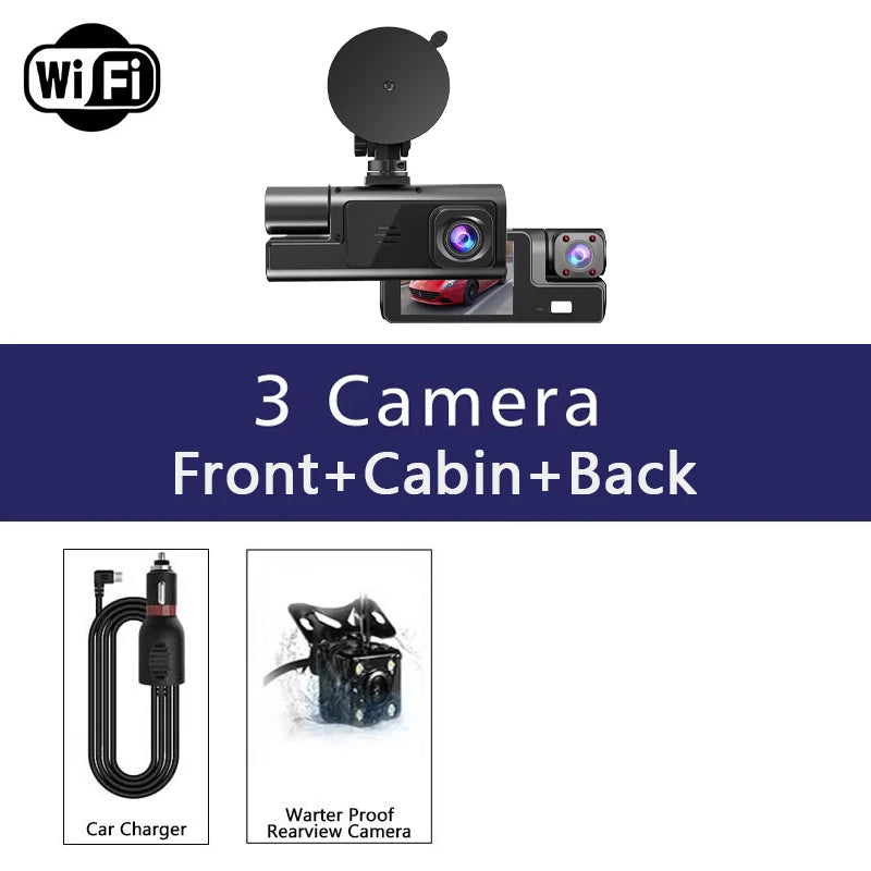Cámara para coche con 3 canales WIFI, DVR 1080P para la parte delantera y el interior del coche, caja negra, monitor de estacionamiento 24H, accesorios para coche