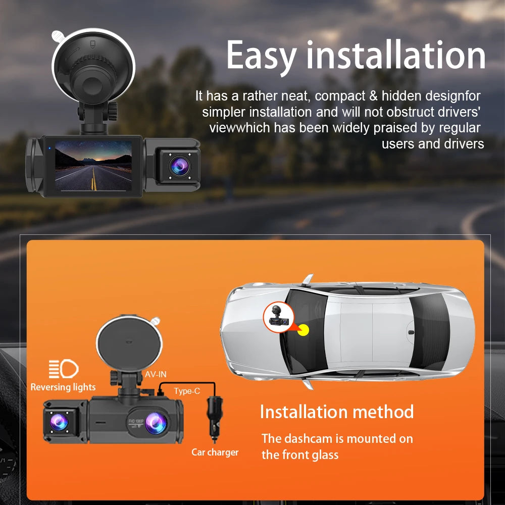 Cámara para Coche con Tarjeta de 32G, 3 Canales, FHD1080P, DVR para Coche, Visión Nocturna, Grabación en Bucle, Sensor G, Grabador de Conducción, Caja Negra