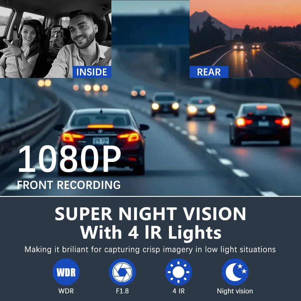 Cámara para Coche con Tarjeta de 32G, 3 Canales, FHD1080P, DVR para Coche, Visión Nocturna, Grabación en Bucle, Sensor G, Grabador de Conducción, Caja Negra