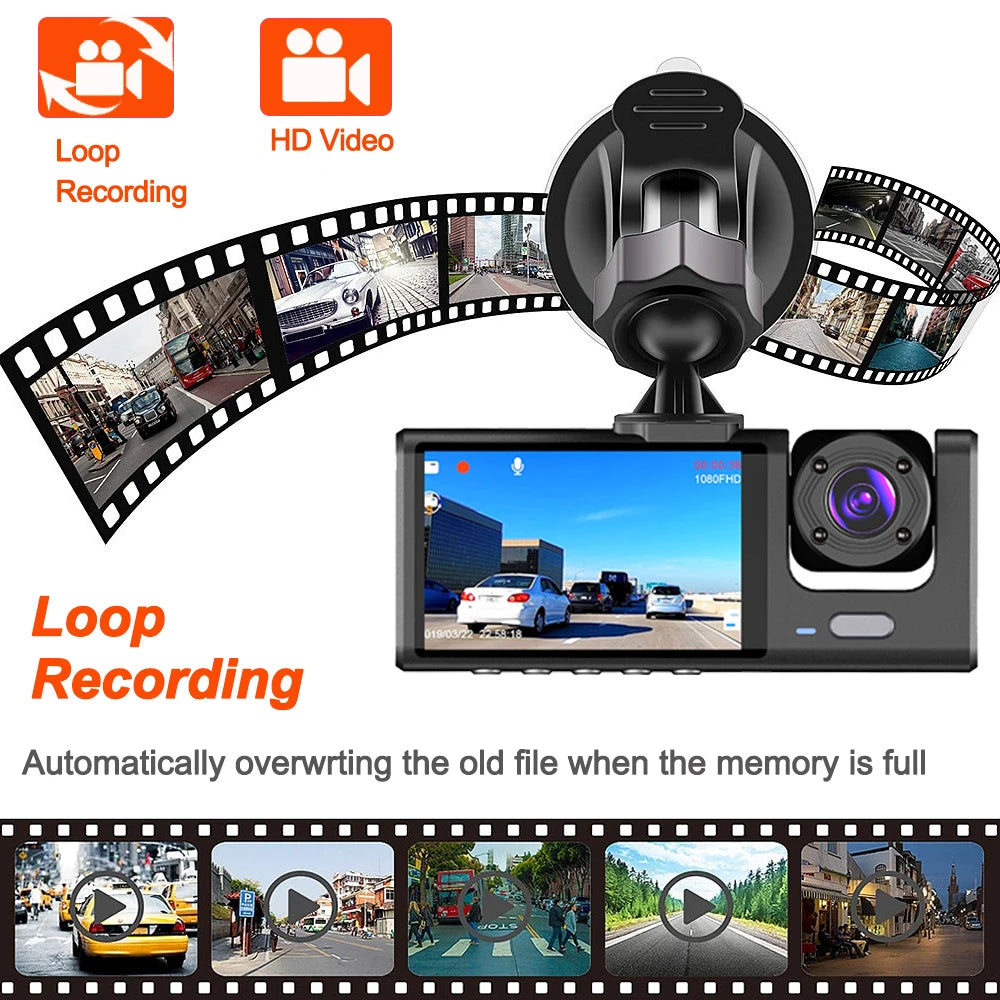 Dashcam 1080P con 2 o 3 Cámaras | Visión Nocturna, G-Sensor y Monitor de Estacionamiento