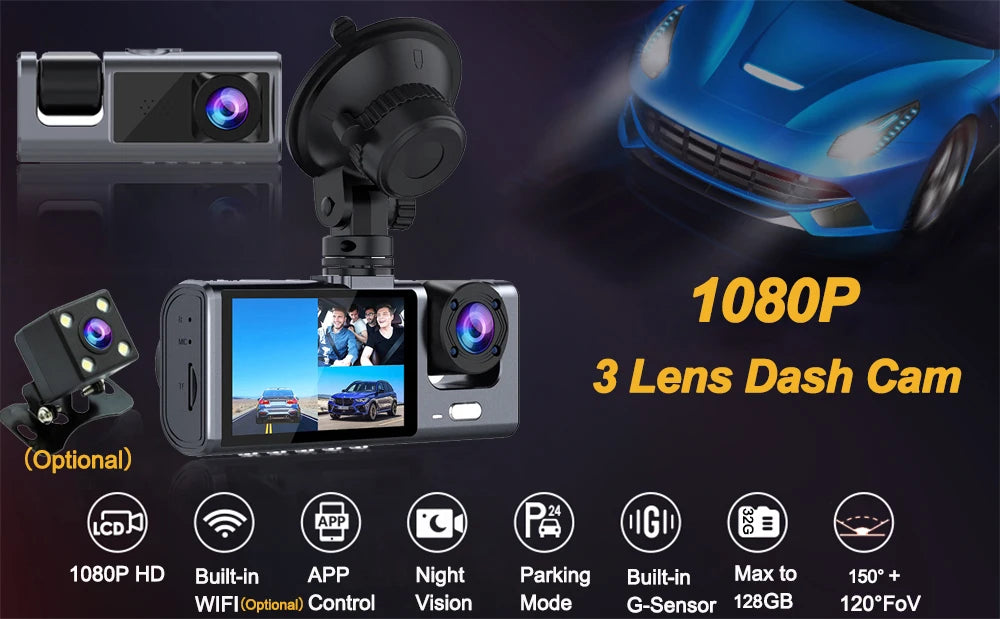 Cámara de salpicadero para coches, aplicación WIFI, DVR para coche, cámara frontal de 2/3 lentes, grabadora de vídeo, cámara de visión trasera para vehículo, caja negra, accesorios para coche