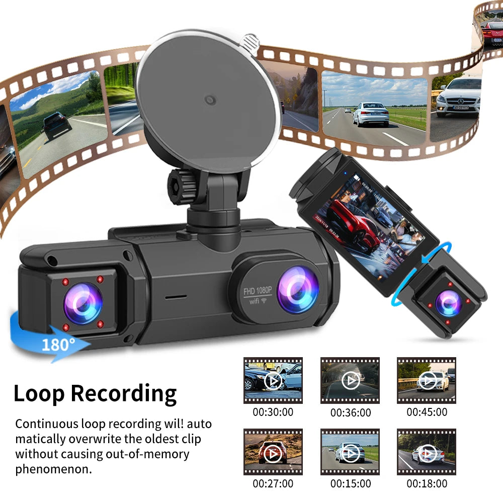 Cámara para Coche con Tarjeta de 32G, 3 Canales, FHD1080P, DVR para Coche, Visión Nocturna, Grabación en Bucle, Sensor G, Grabador de Conducción, Caja Negra