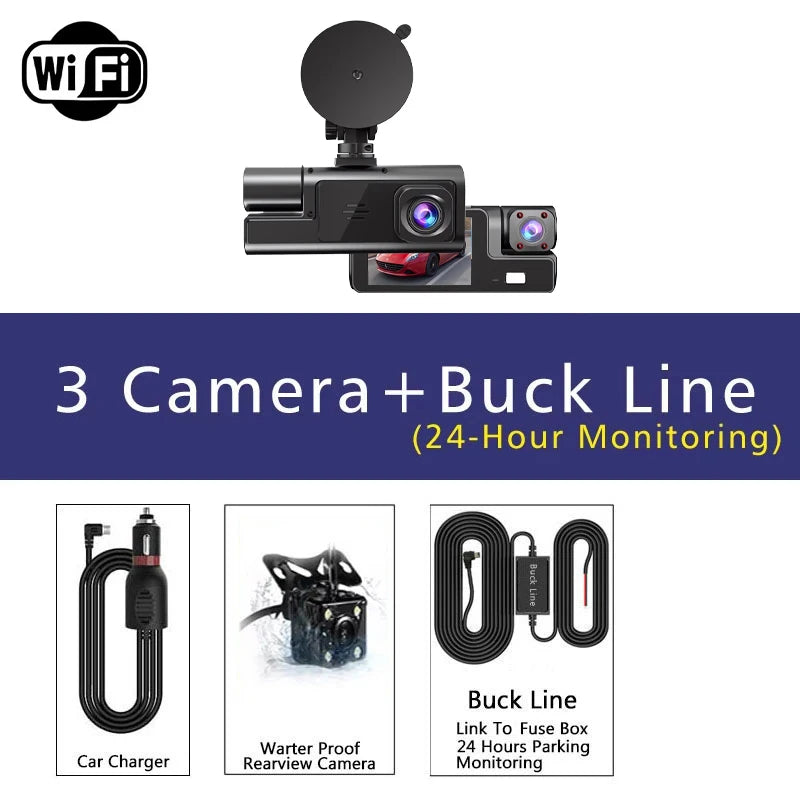 Cámara para coche con 3 canales WIFI, DVR 1080P para la parte delantera y el interior del coche, caja negra, monitor de estacionamiento 24H, accesorios para coche
