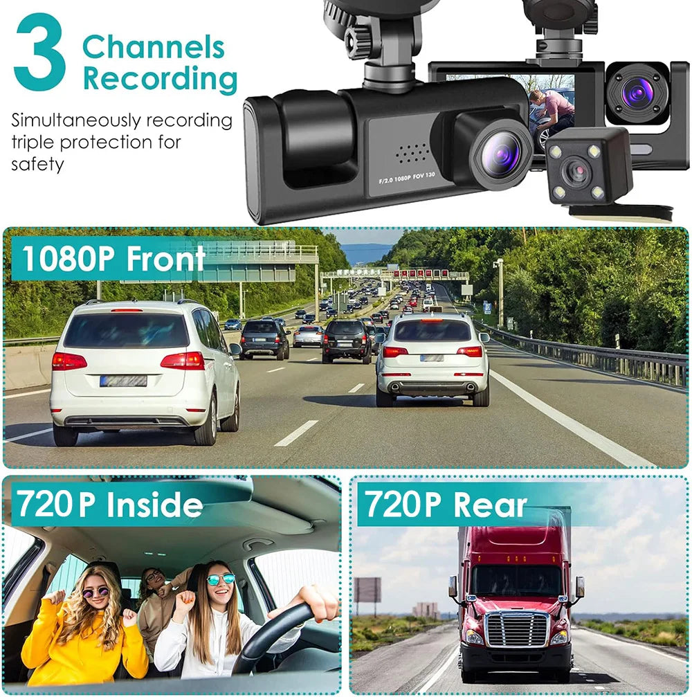 Dashcam 1080P con 2 o 3 Cámaras | Visión Nocturna, G-Sensor y Monitor de Estacionamiento