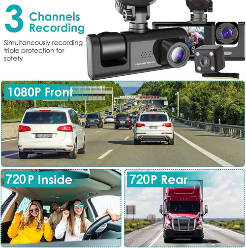 Dashcam 1080P con 2 o 3 Cámaras | Visión Nocturna, G-Sensor y Monitor de Estacionamiento