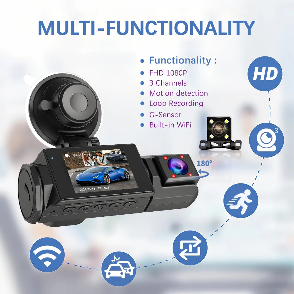 Cámara para Coche con Tarjeta de 32G, 3 Canales, FHD1080P, DVR para Coche, Visión Nocturna, Grabación en Bucle, Sensor G, Grabador de Conducción, Caja Negra
