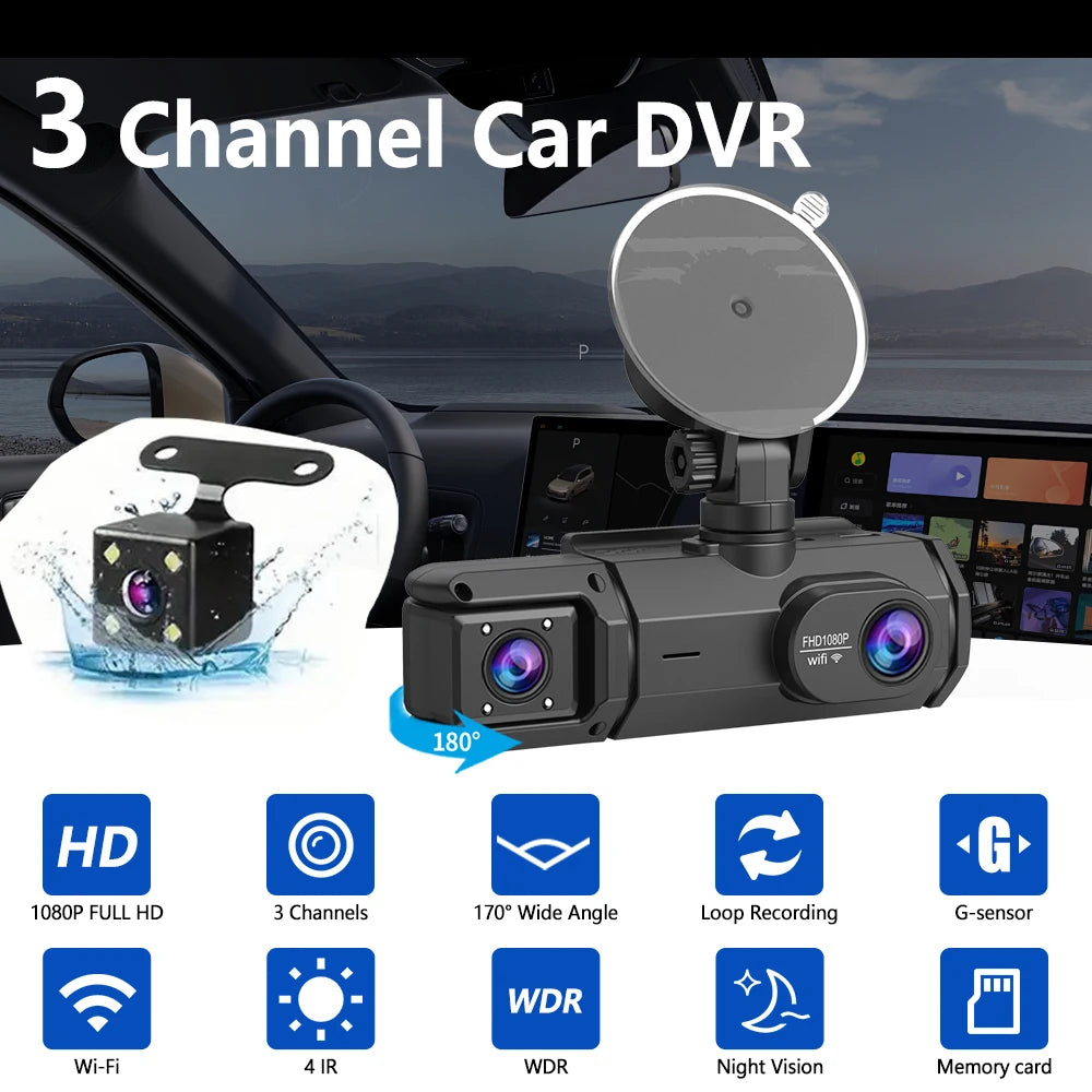 Cámara para Coche con Tarjeta de 32G, 3 Canales, FHD1080P, DVR para Coche, Visión Nocturna, Grabación en Bucle, Sensor G, Grabador de Conducción, Caja Negra