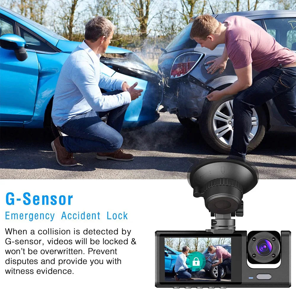 Dashcam 1080P con 2 o 3 Cámaras | Visión Nocturna, G-Sensor y Monitor de Estacionamiento