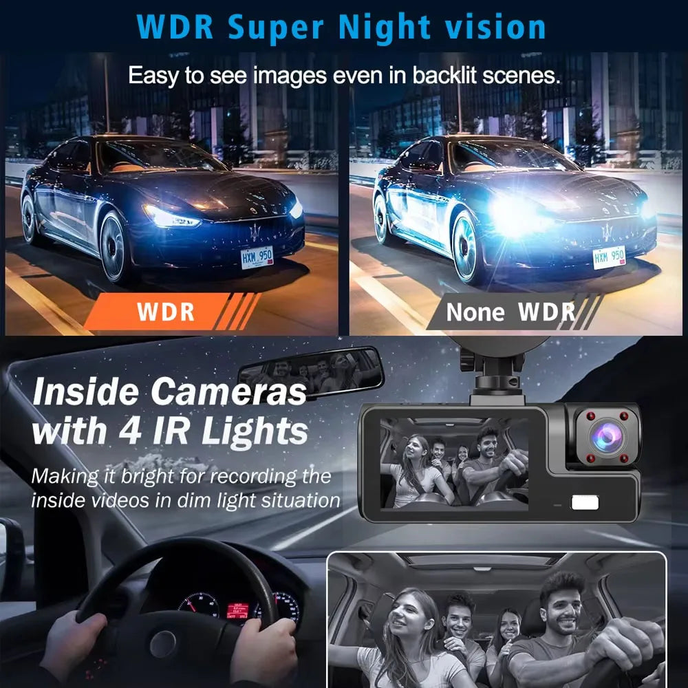 Cámara para coche con 3 canales WIFI, DVR 1080P para la parte delantera y el interior del coche, caja negra, monitor de estacionamiento 24H, accesorios para coche