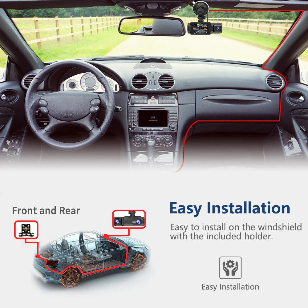Cámara para Coche con Tarjeta de 32G, 3 Canales, FHD1080P, DVR para Coche, Visión Nocturna, Grabación en Bucle, Sensor G, Grabador de Conducción, Caja Negra