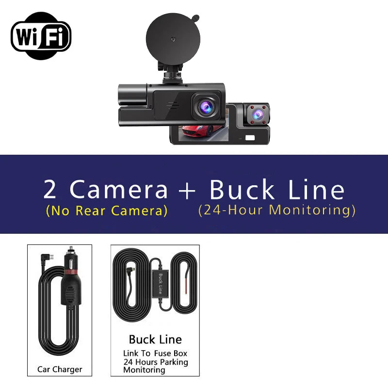 Cámara para coche con 3 canales WIFI, DVR 1080P para la parte delantera y el interior del coche, caja negra, monitor de estacionamiento 24H, accesorios para coche