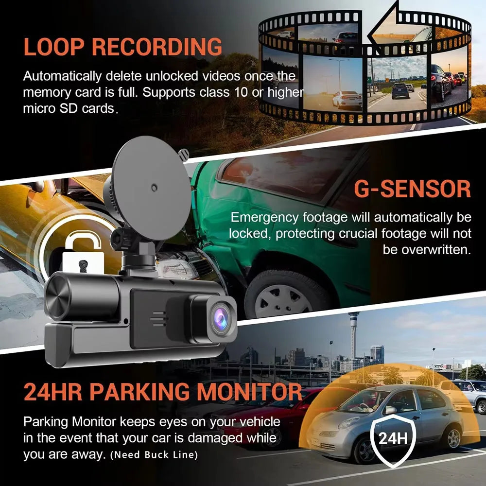 Cámara para coche con 3 canales WIFI, DVR 1080P para la parte delantera y el interior del coche, caja negra, monitor de estacionamiento 24H, accesorios para coche