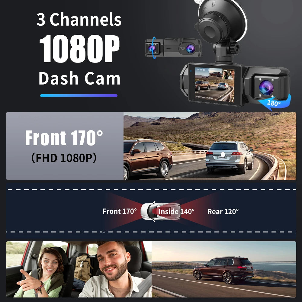 Cámara para Coche con Tarjeta de 32G, 3 Canales, FHD1080P, DVR para Coche, Visión Nocturna, Grabación en Bucle, Sensor G, Grabador de Conducción, Caja Negra