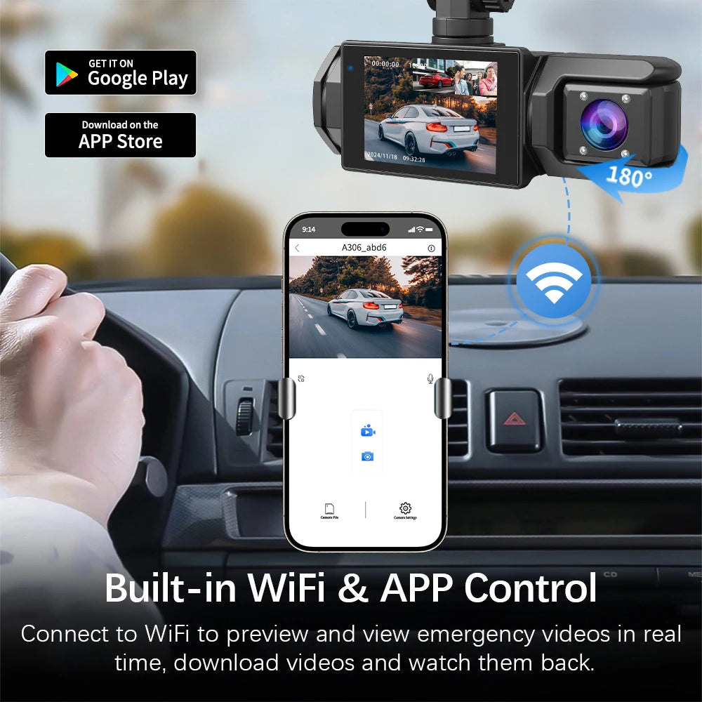 Cámara para Coche con Tarjeta de 32G, 3 Canales, FHD1080P, DVR para Coche, Visión Nocturna, Grabación en Bucle, Sensor G, Grabador de Conducción, Caja Negra