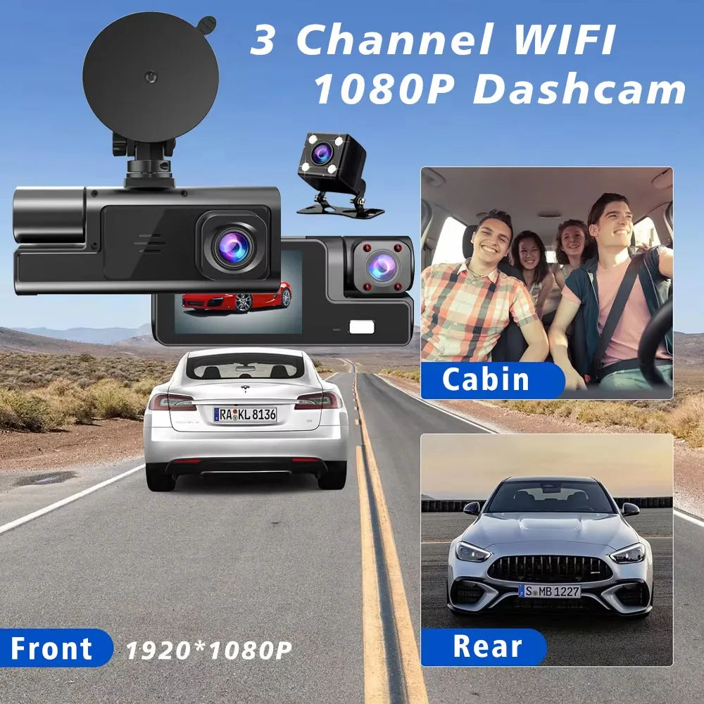 Cámara para coche con 3 canales WIFI, DVR 1080P para la parte delantera y el interior del coche, caja negra, monitor de estacionamiento 24H, accesorios para coche