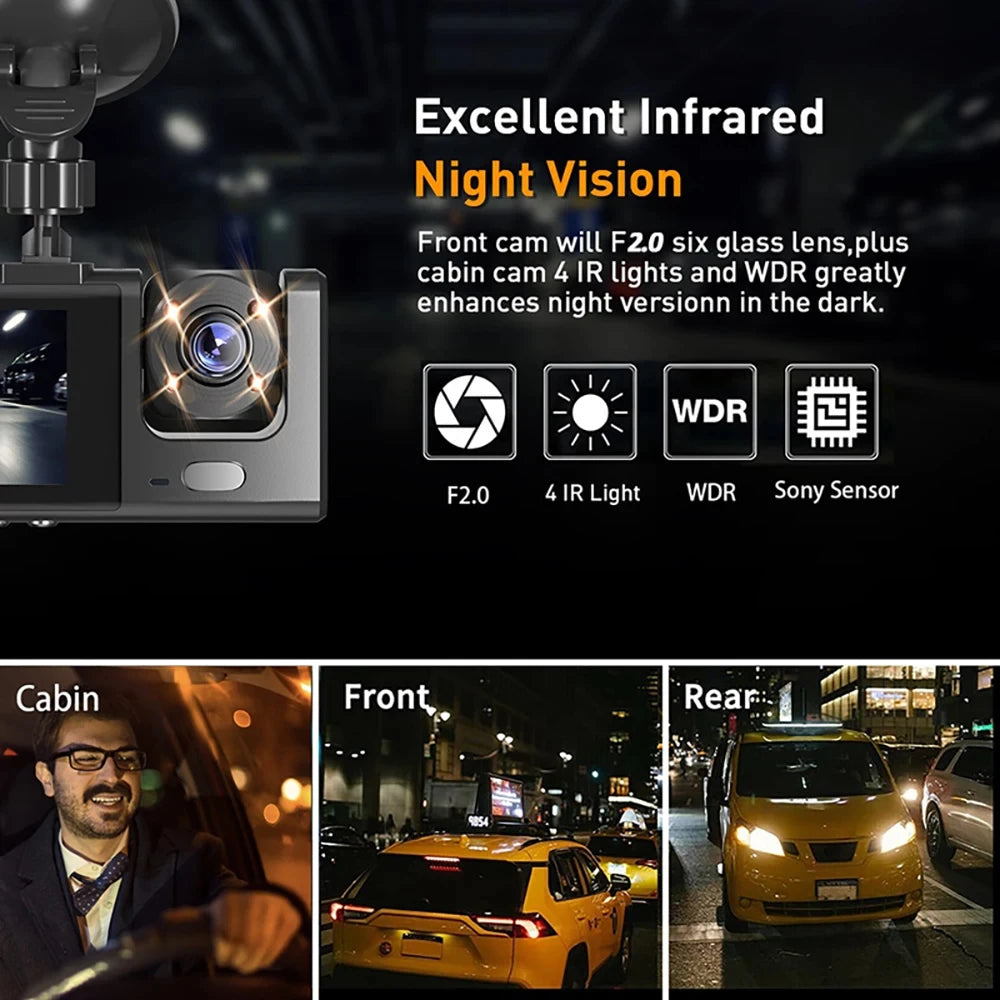 Cámara de salpicadero para coches, aplicación WIFI, DVR para coche, cámara frontal de 2/3 lentes, grabadora de vídeo, cámara de visión trasera para vehículo, caja negra, accesorios para coche
