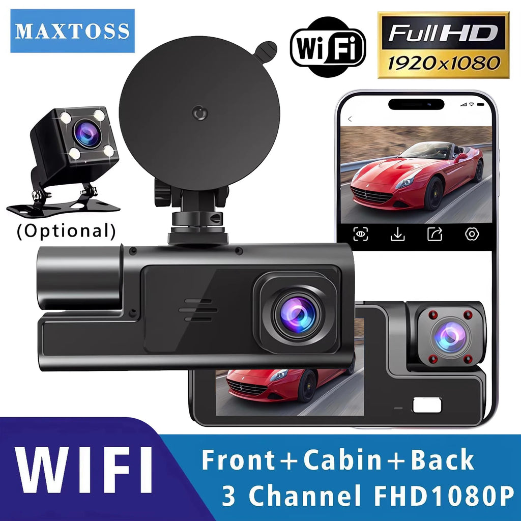 Cámara para coche con 3 canales WIFI, DVR 1080P para la parte delantera y el interior del coche, caja negra, monitor de estacionamiento 24H, accesorios para coche