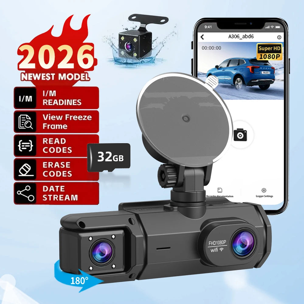 Cámara para Coche con Tarjeta de 32G, 3 Canales, FHD1080P, DVR para Coche, Visión Nocturna, Grabación en Bucle, Sensor G, Grabador de Conducción, Caja Negra