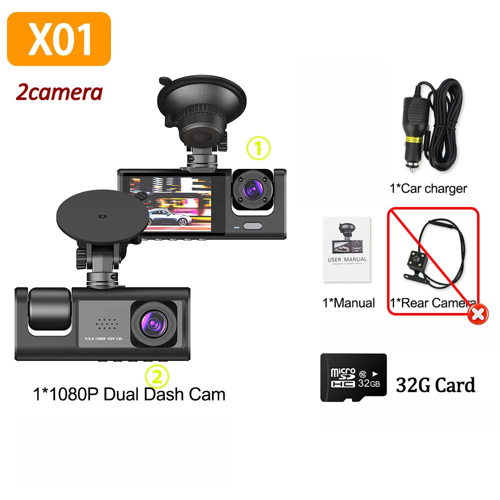 Dashcam 1080P con 2 o 3 Cámaras | Visión Nocturna, G-Sensor y Monitor de Estacionamiento